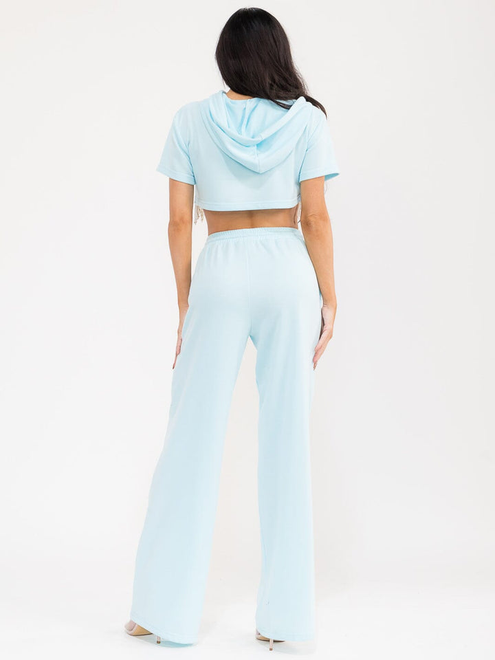 WOMEN'S SHORT SLEEVE HOODED CROP TOP & ELASTIC WAIST PANTS FRINGE STUDS 2PC. SET