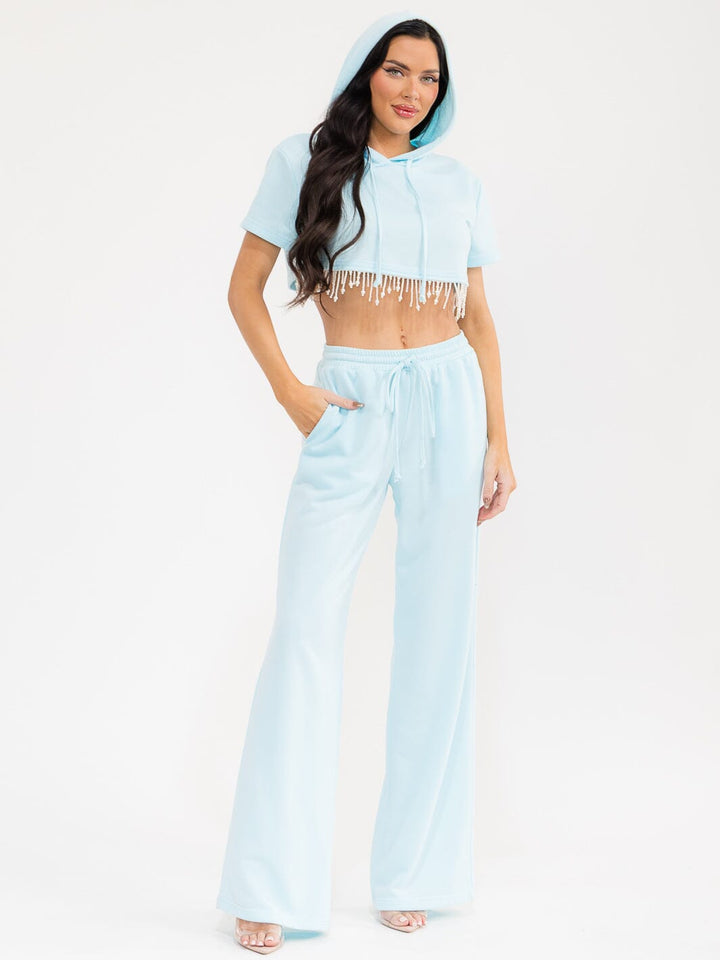 WOMEN'S SHORT SLEEVE HOODED CROP TOP & ELASTIC WAIST PANTS FRINGE STUDS 2PC. SET