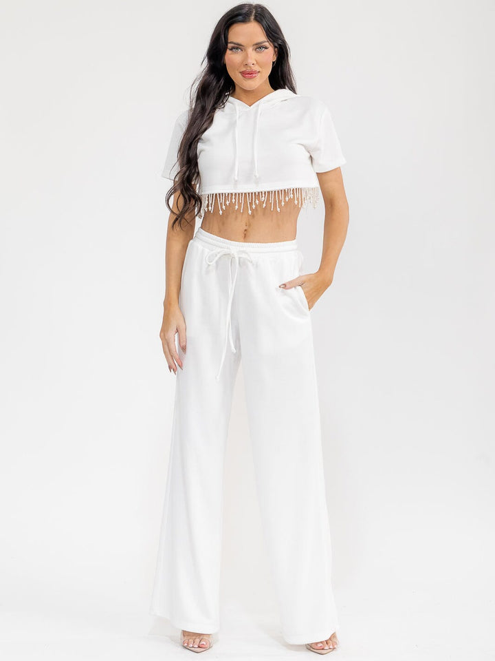 WOMEN'S SHORT SLEEVE HOODED CROP TOP & ELASTIC WAIST PANTS FRINGE STUDS 2PC. SET
