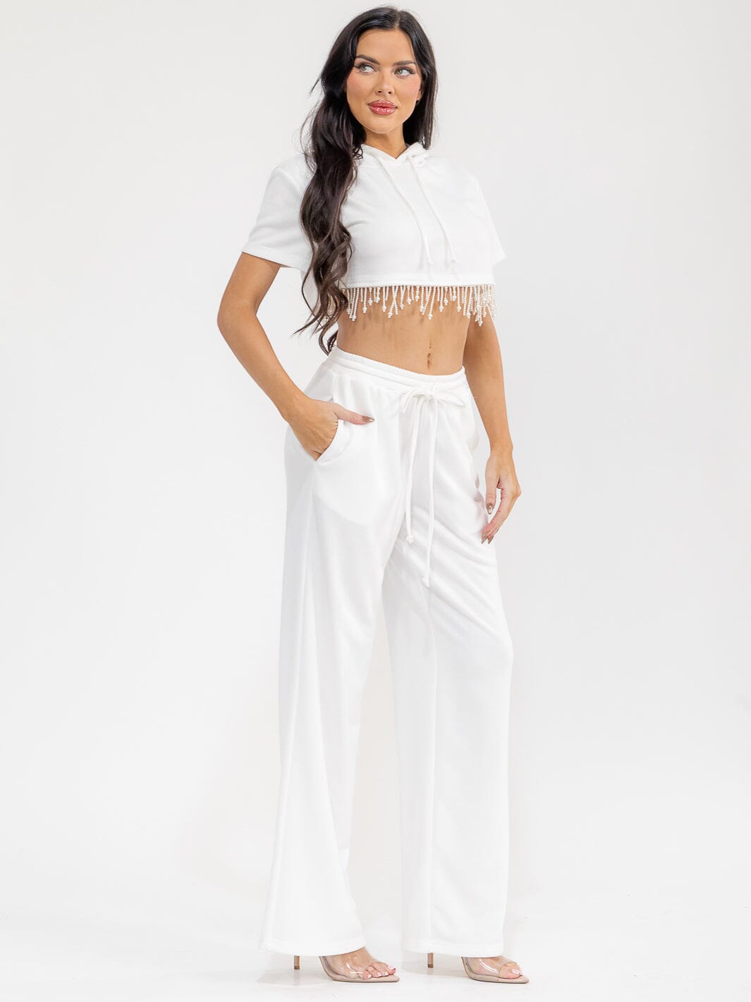 WOMEN'S SHORT SLEEVE HOODED CROP TOP & ELASTIC WAIST PANTS FRINGE STUDS 2PC. SET