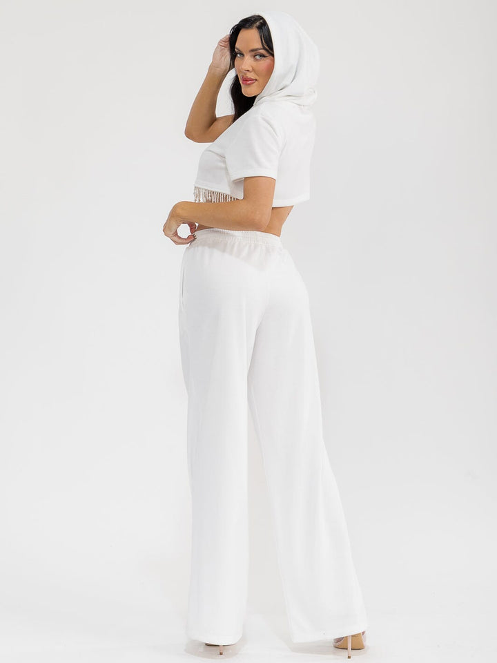 WOMEN'S SHORT SLEEVE HOODED CROP TOP & ELASTIC WAIST PANTS FRINGE STUDS 2PC. SET