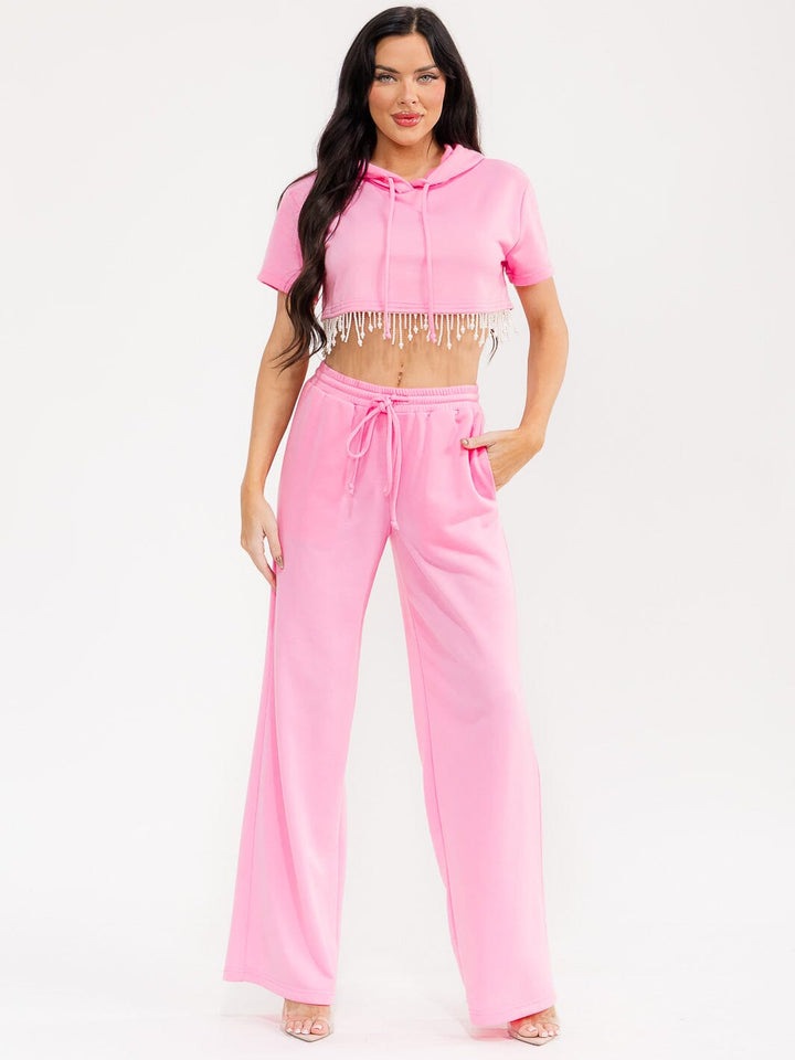 WOMEN'S SHORT SLEEVE HOODED CROP TOP & ELASTIC WAIST PANTS FRINGE STUDS 2PC. SET