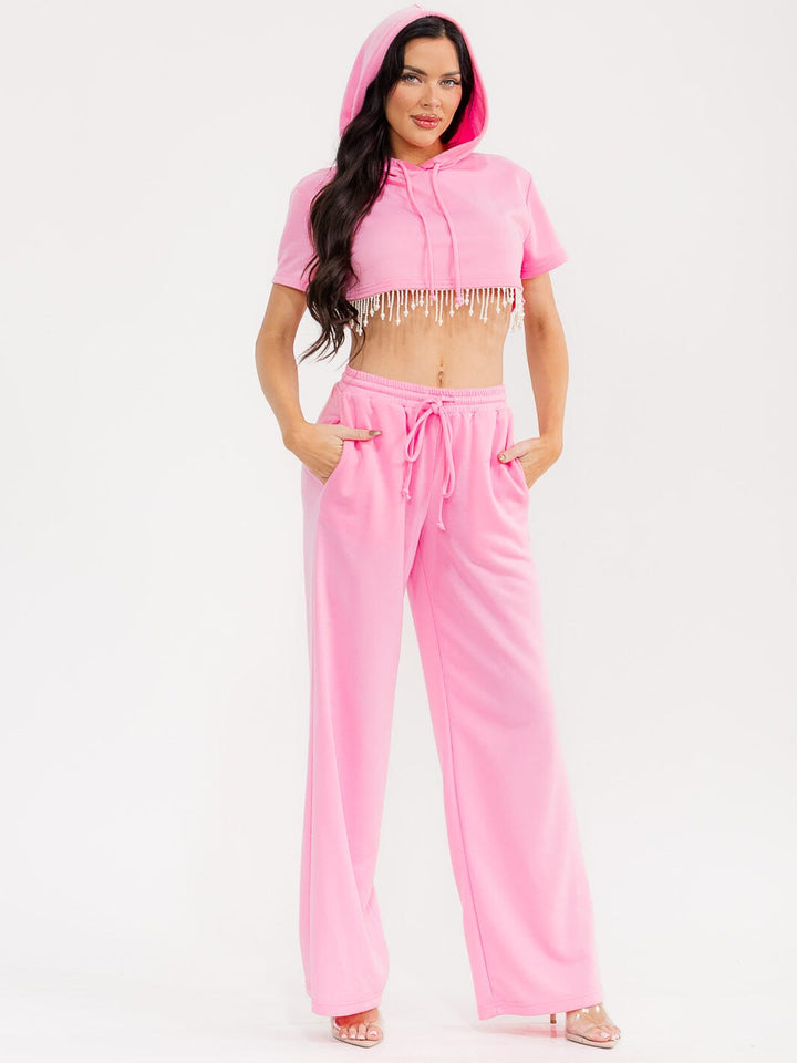WOMEN'S SHORT SLEEVE HOODED CROP TOP & ELASTIC WAIST PANTS FRINGE STUDS 2PC. SET