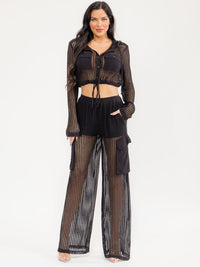 WOMEN'S LONG SLEEVE HOODED CROP TOP & ELASTIC WAIST PANTS CROCHET 2PC. SET