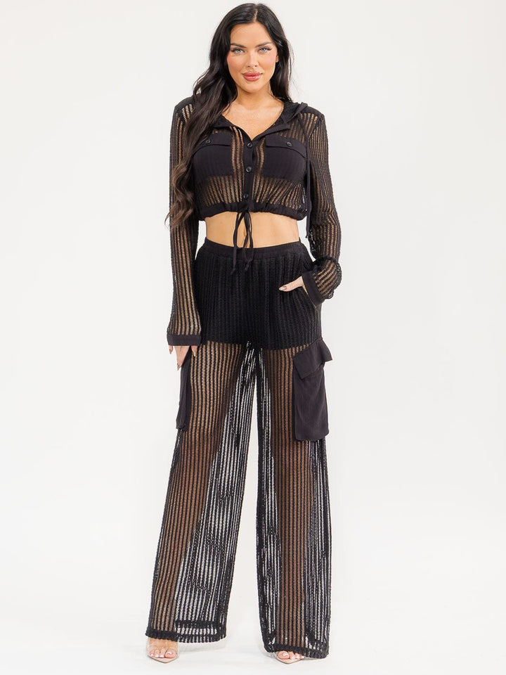 WOMEN'S LONG SLEEVE HOODED CROP TOP & ELASTIC WAIST PANTS CROCHET 2PC. SET