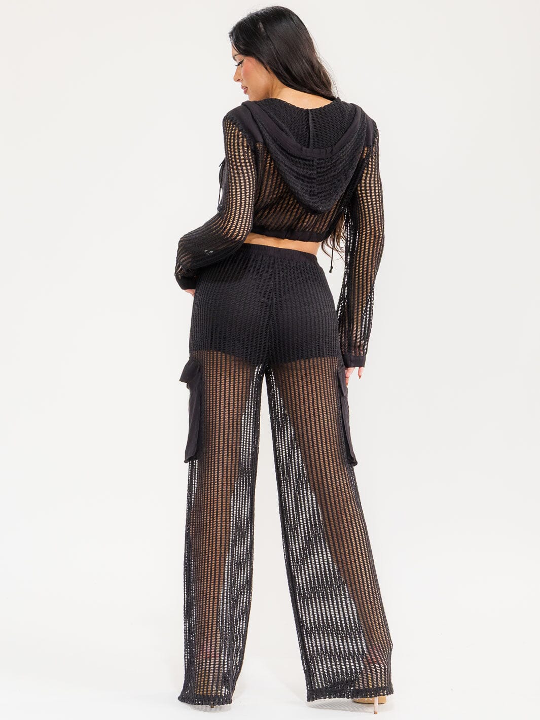 WOMEN'S LONG SLEEVE HOODED CROP TOP & ELASTIC WAIST PANTS CROCHET 2PC. SET