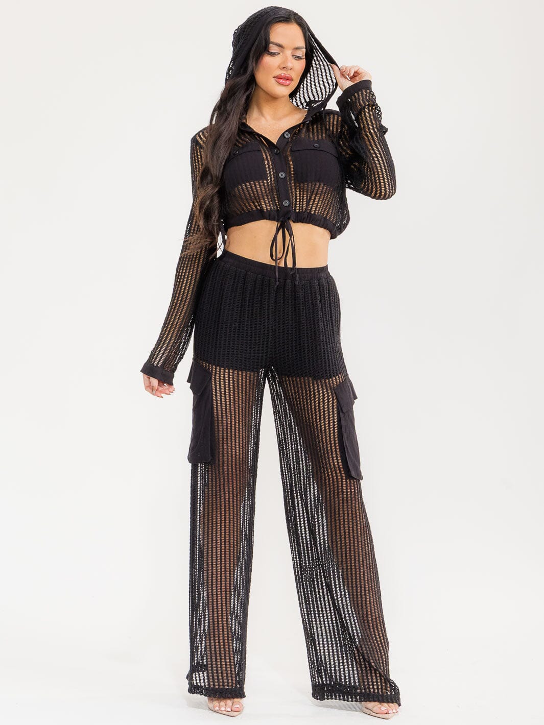 WOMEN'S LONG SLEEVE HOODED CROP TOP & ELASTIC WAIST PANTS CROCHET 2PC. SET