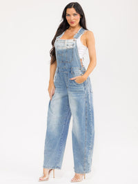 WOMEN'S SLEEVELESS POCKETS WASHED STRETCH DENIM WIDE LEG DENIM OVERALL