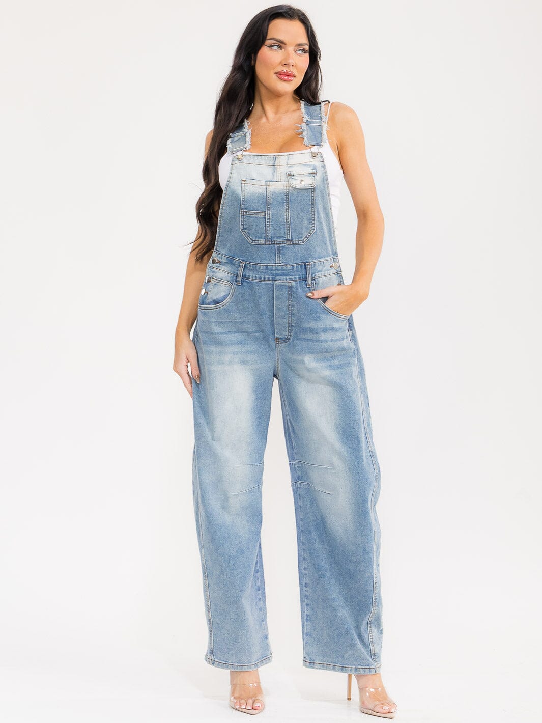 WOMEN'S SLEEVELESS POCKETS WASHED STRETCH DENIM WIDE LEG DENIM OVERALL