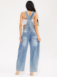 WOMEN'S SLEEVELESS POCKETS WASHED STRETCH DENIM WIDE LEG DENIM OVERALL