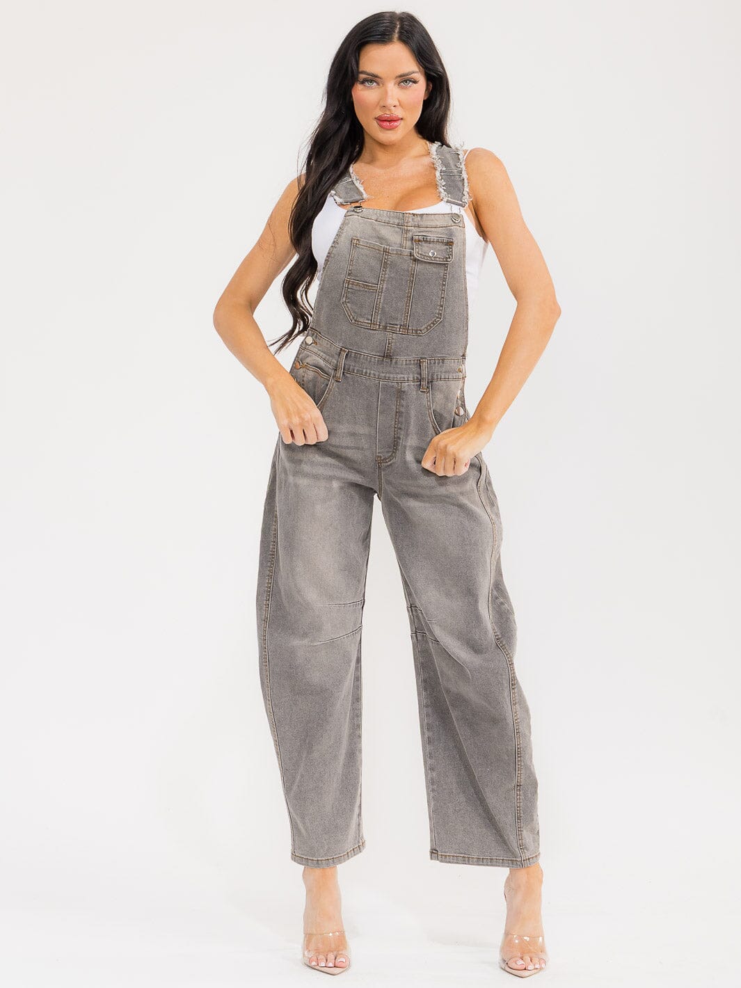 WOMEN'S SLEEVELESS POCKETS WASHED STRETCH DENIM WIDE LEG DENIM OVERALL