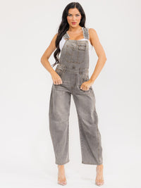 WOMEN'S SLEEVELESS POCKETS WASHED STRETCH DENIM WIDE LEG DENIM OVERALL
