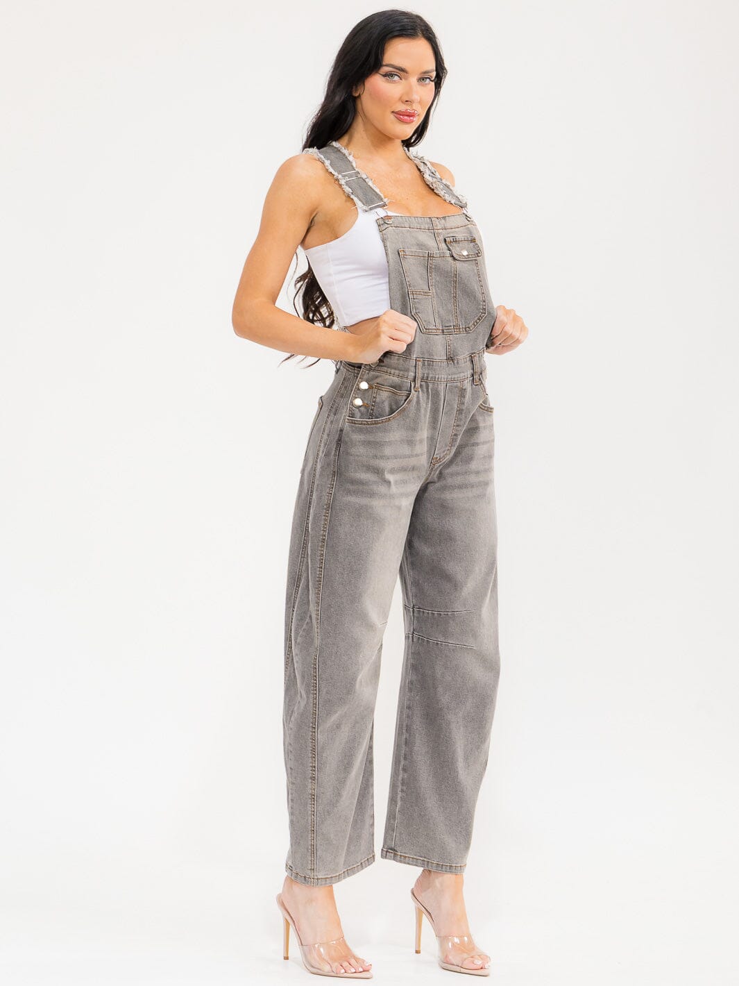 WOMEN'S SLEEVELESS POCKETS WASHED STRETCH DENIM WIDE LEG DENIM OVERALL