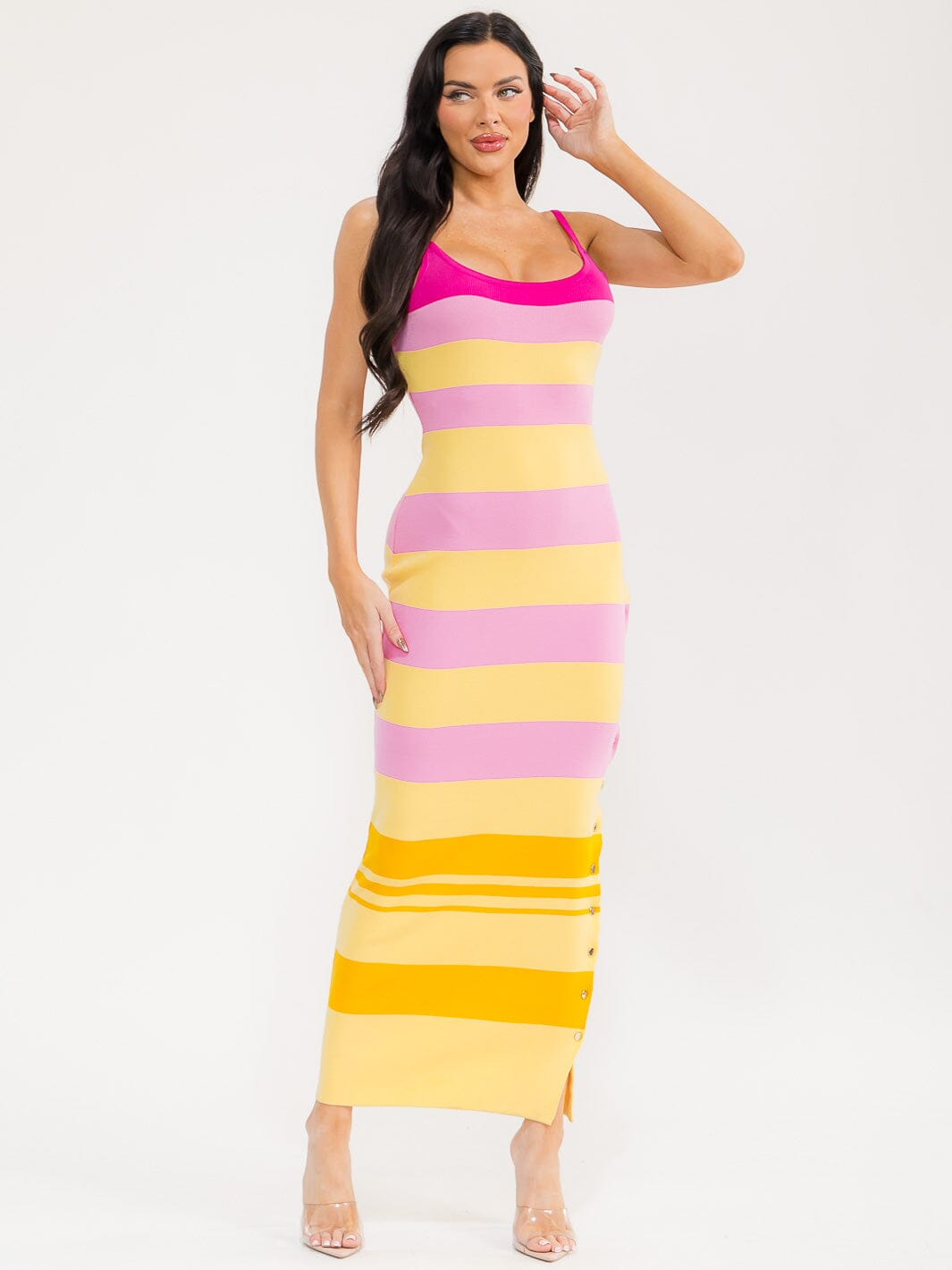 WOMEN'S SLEEVELESS COLORBLOCK STRIPES RIBBED BODYCON MAXI DRESS