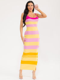 WOMEN'S SLEEVELESS COLORBLOCK STRIPES RIBBED BODYCON MAXI DRESS