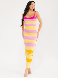 WOMEN'S SLEEVELESS COLORBLOCK STRIPES RIBBED BODYCON MAXI DRESS