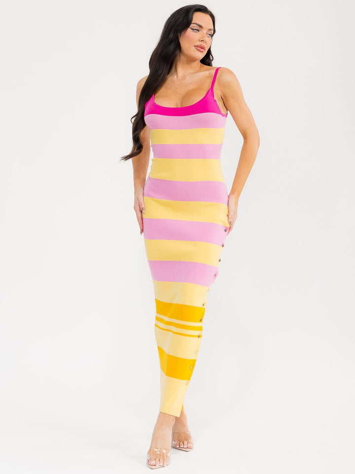 WOMEN'S SLEEVELESS COLORBLOCK STRIPES RIBBED BODYCON MAXI DRESS