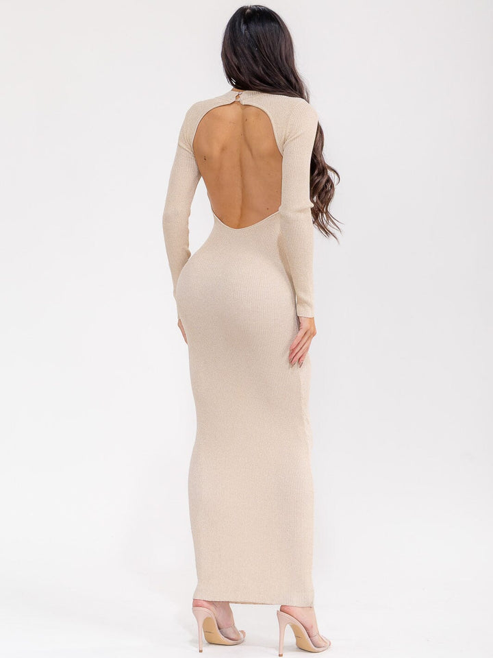 WOMEN'S LONG SLEEVE OPEN BACK SHIMMER RIBBED BODYCON MAXI DRESS