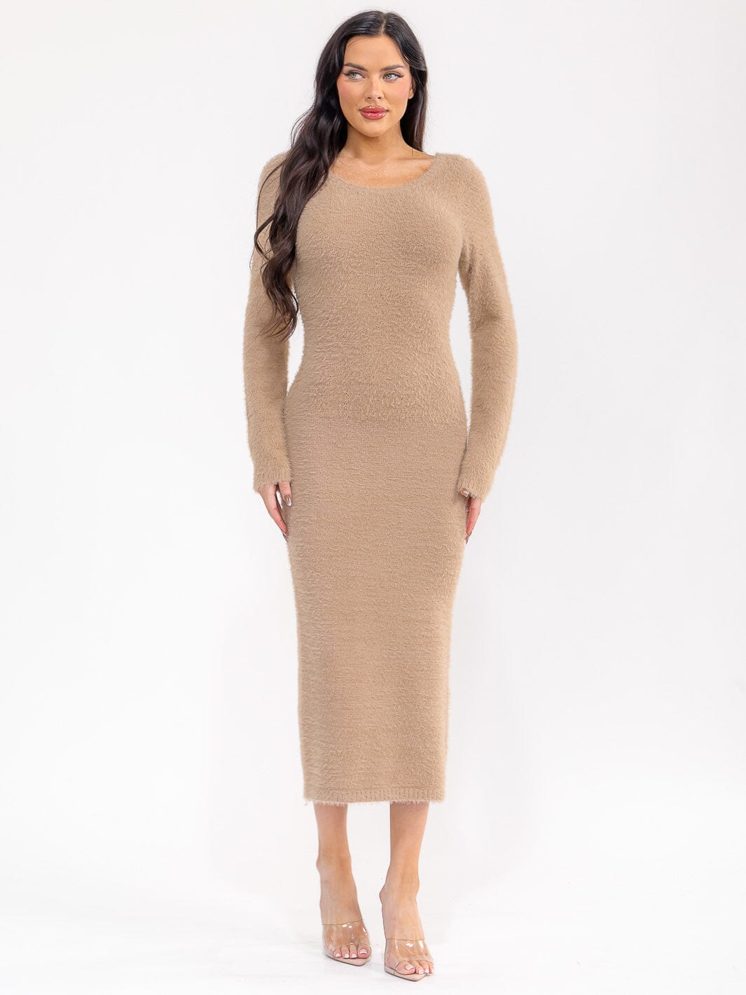 WOMEN'S LONG SLEEVE OPEN BACK FUZZY BODYCON SWEATER MAXI DRESS