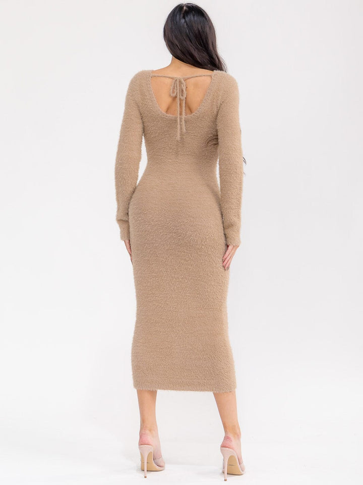 WOMEN'S LONG SLEEVE OPEN BACK FUZZY BODYCON SWEATER MAXI DRESS
