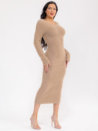 WOMEN'S LONG SLEEVE OPEN BACK FUZZY BODYCON SWEATER MAXI DRESS