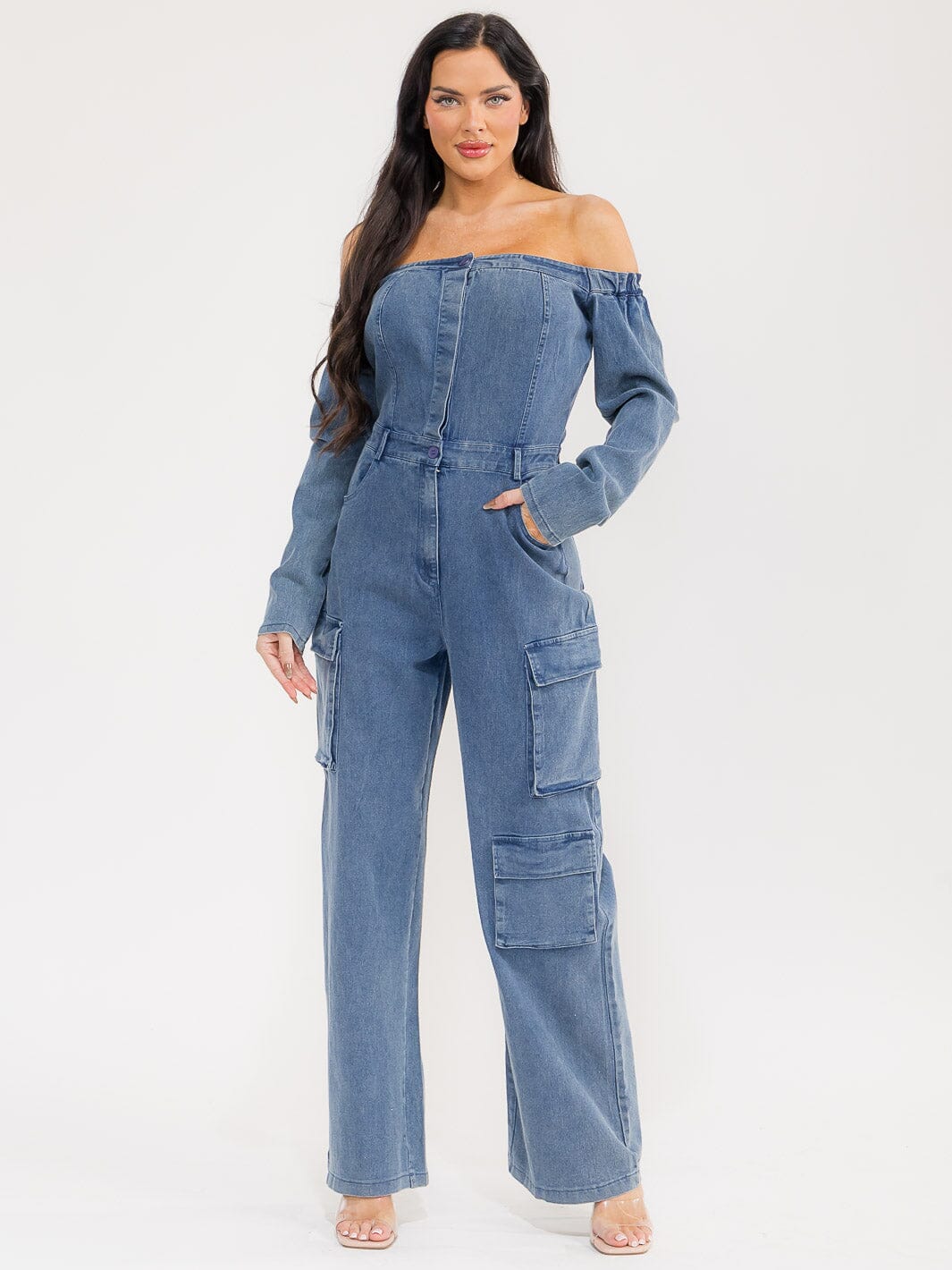 WOMEN'S LONG SLEEVE OFF SHOULDER BUTTON UP POCKETS WIDE LEG DENIM JUMPSUIT