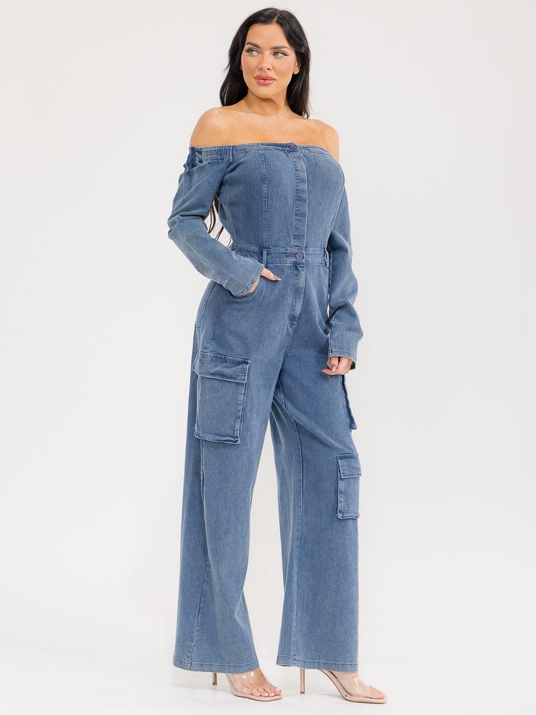 WOMEN'S LONG SLEEVE OFF SHOULDER BUTTON UP POCKETS WIDE LEG DENIM JUMPSUIT