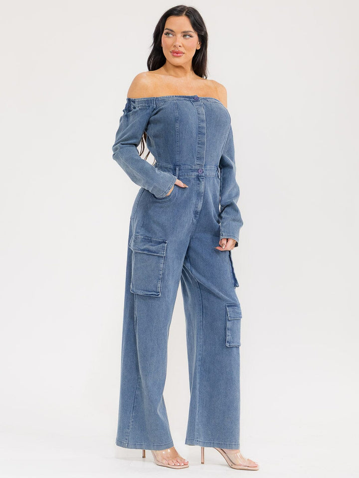 WOMEN'S LONG SLEEVE OFF SHOULDER BUTTON UP POCKETS WIDE LEG DENIM JUMPSUIT