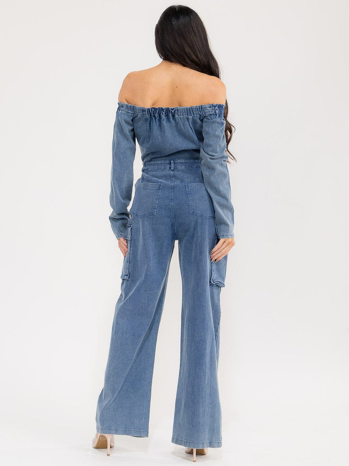 WOMEN'S LONG SLEEVE OFF SHOULDER BUTTON UP POCKETS WIDE LEG DENIM JUMPSUIT