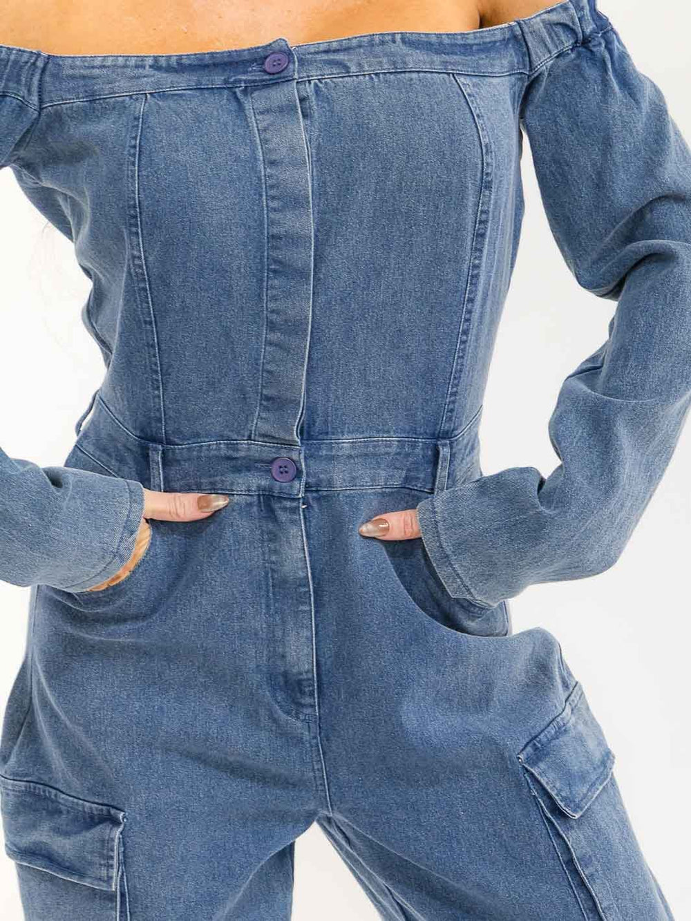 WOMEN'S LONG SLEEVE OFF SHOULDER BUTTON UP POCKETS WIDE LEG DENIM JUMPSUIT