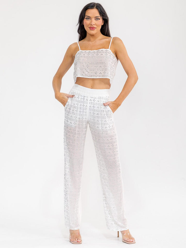 WOMEN'S SHORT SLEEVE CROP TOP & ELASTIC WAIST PANTS MESH STUDS 2PC. SET