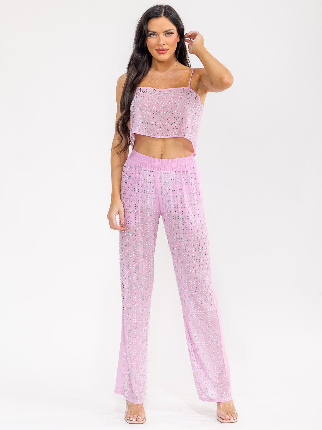 WOMEN'S SHORT SLEEVE CROP TOP & ELASTIC WAIST PANTS MESH STUDS 2PC. SET