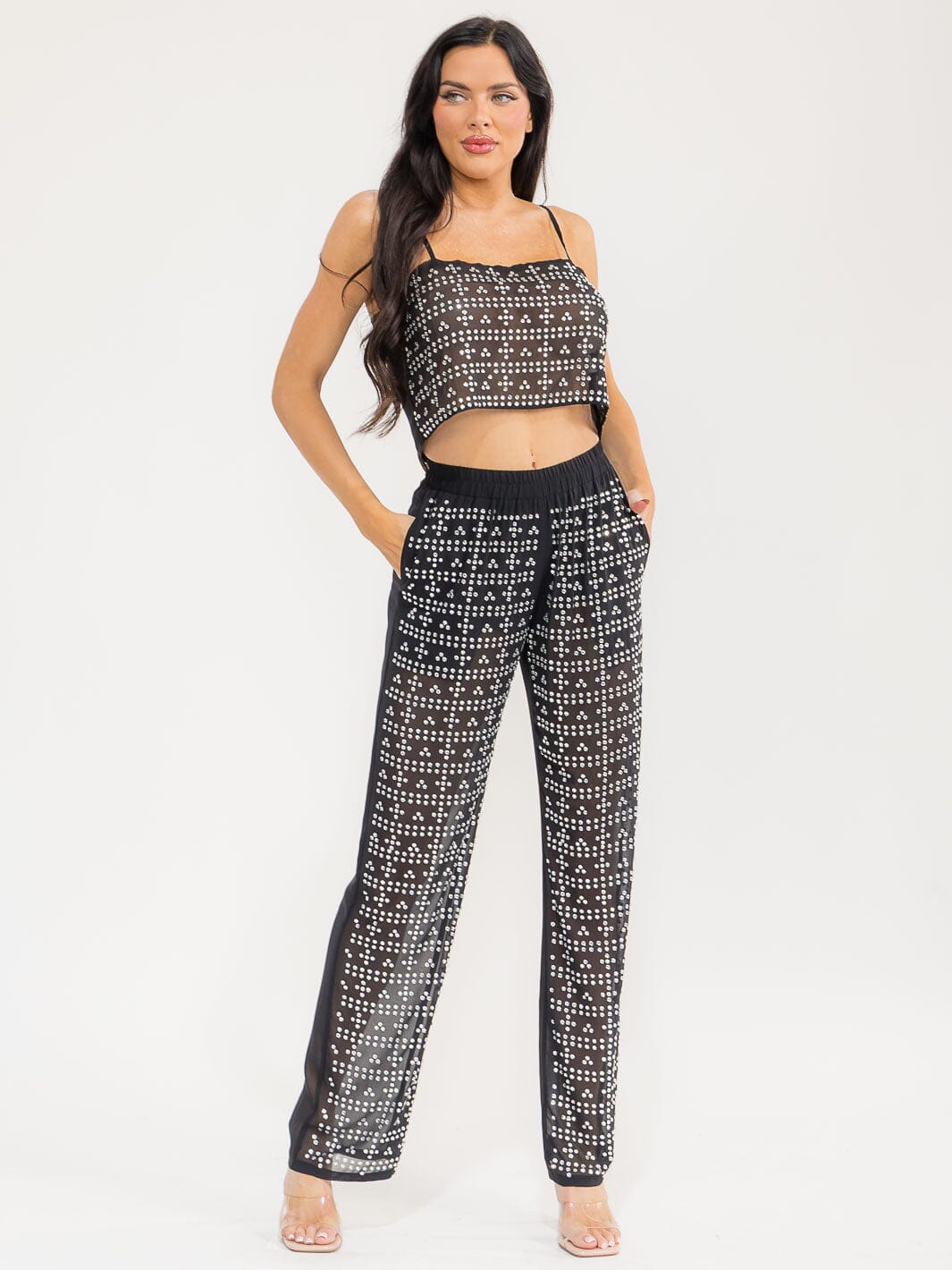 WOMEN'S SHORT SLEEVE CROP TOP & ELASTIC WAIST PANTS MESH STUDS 2PC. SET