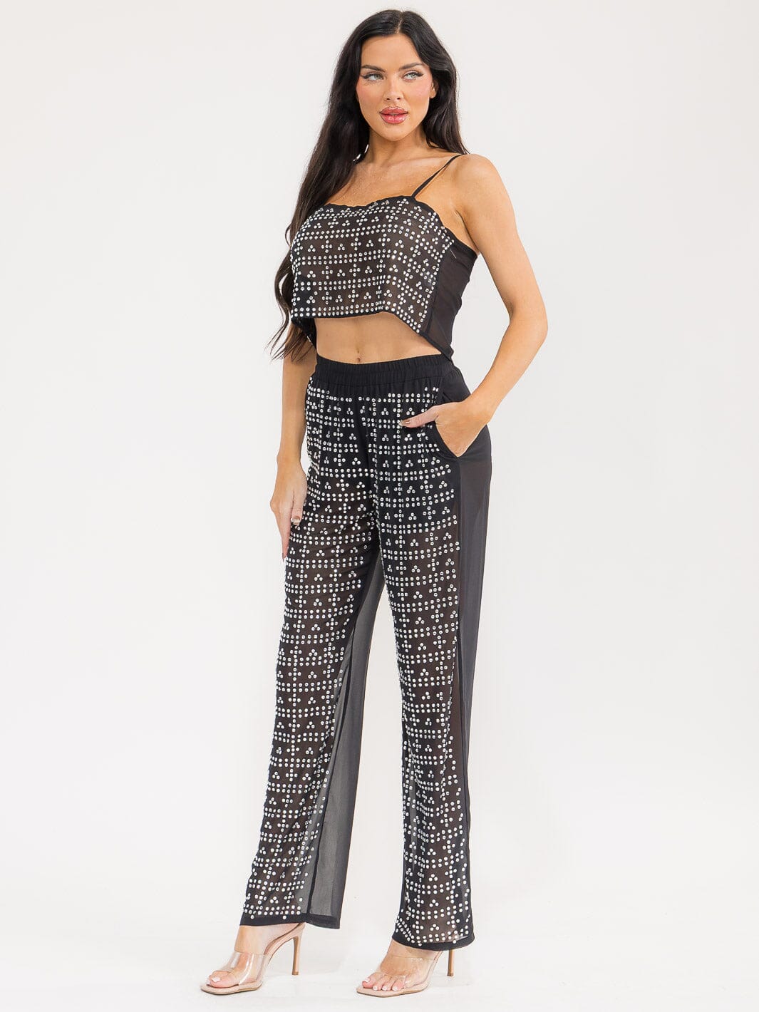WOMEN'S SHORT SLEEVE CROP TOP & ELASTIC WAIST PANTS MESH STUDS 2PC. SET