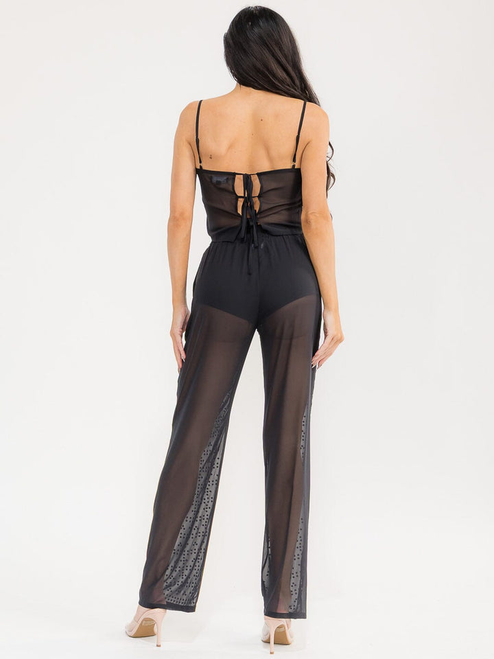 WOMEN'S SHORT SLEEVE CROP TOP & ELASTIC WAIST PANTS MESH STUDS 2PC. SET