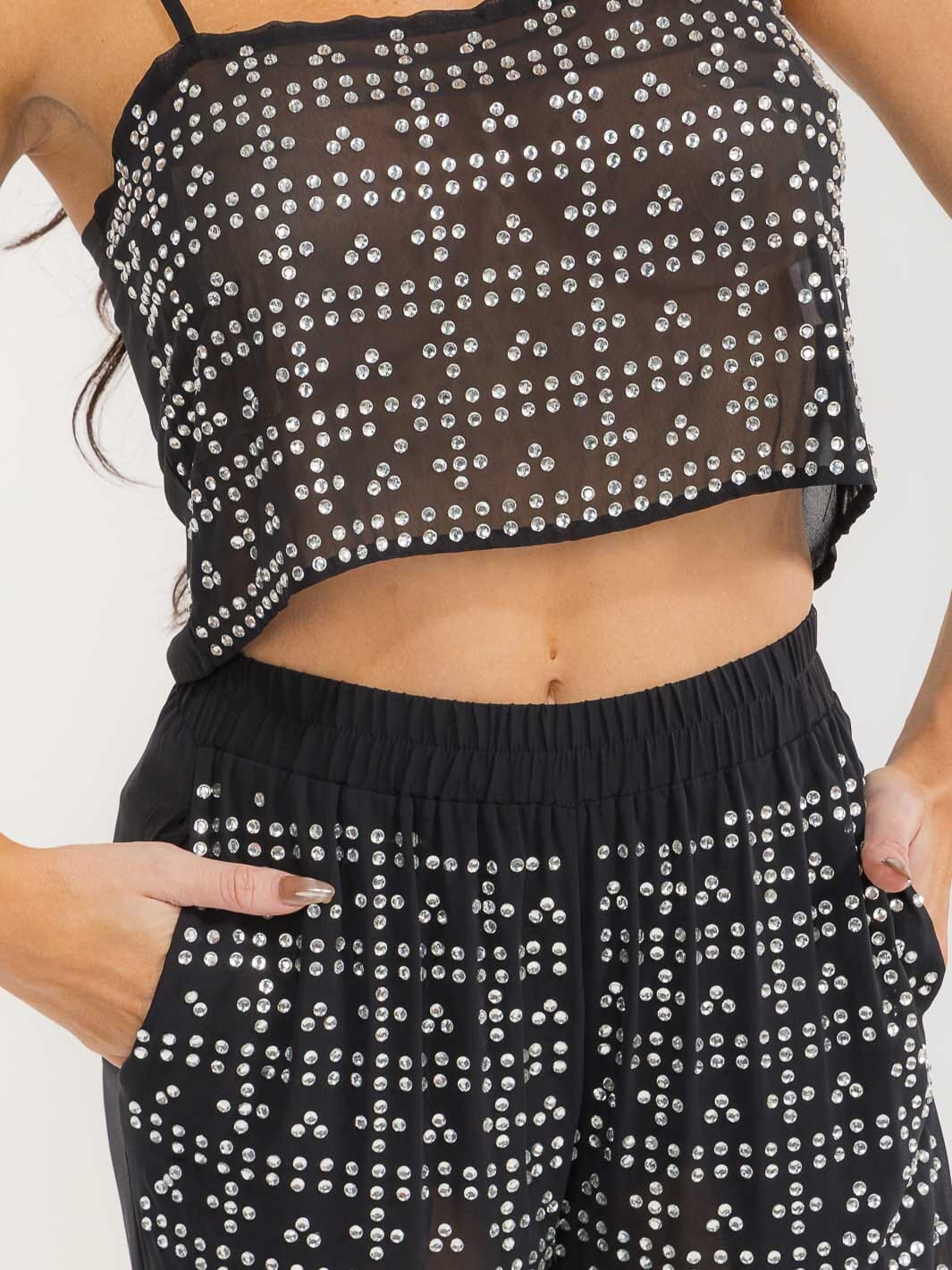 WOMEN'S SHORT SLEEVE CROP TOP & ELASTIC WAIST PANTS MESH STUDS 2PC. SET