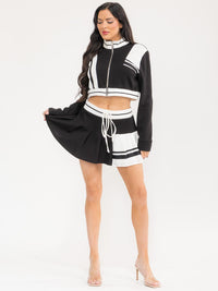 WOMEN'S LONG SLEEVE CROP TOP & ELASTIC WAIST MINI SKORTS COLORBLOCK 2PC. SET