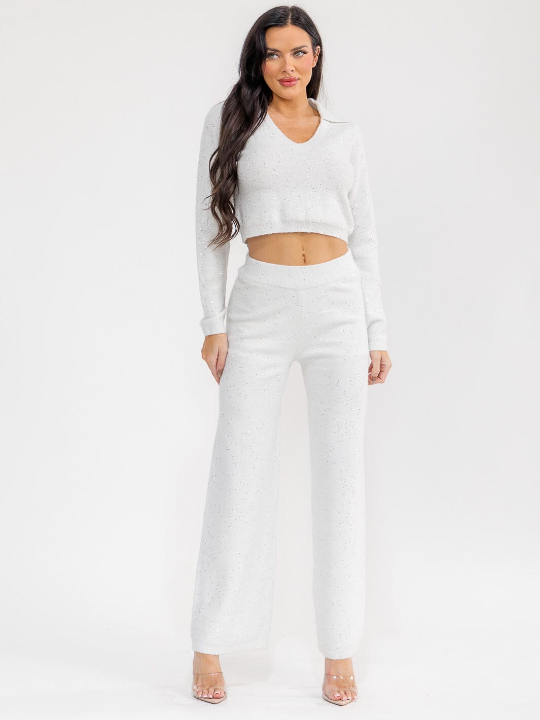 WOMEN'S LONG SLEEVE CROP SWEATER & ELASTIC WAIST PANTS FUZZY SEQUINS 2PC. SET