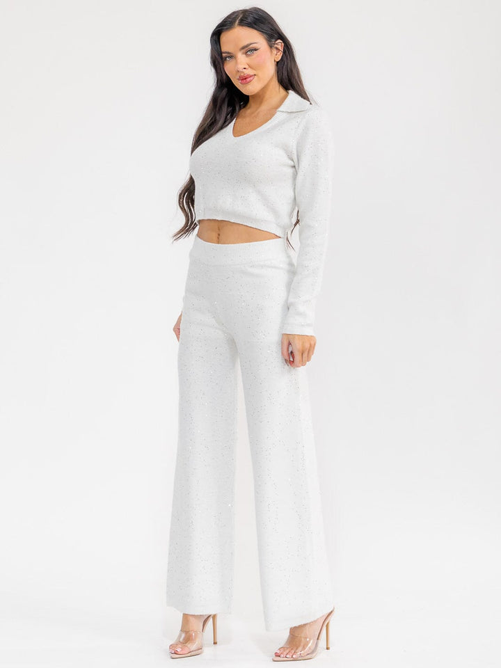 WOMEN'S LONG SLEEVE CROP SWEATER & ELASTIC WAIST PANTS FUZZY SEQUINS 2PC. SET
