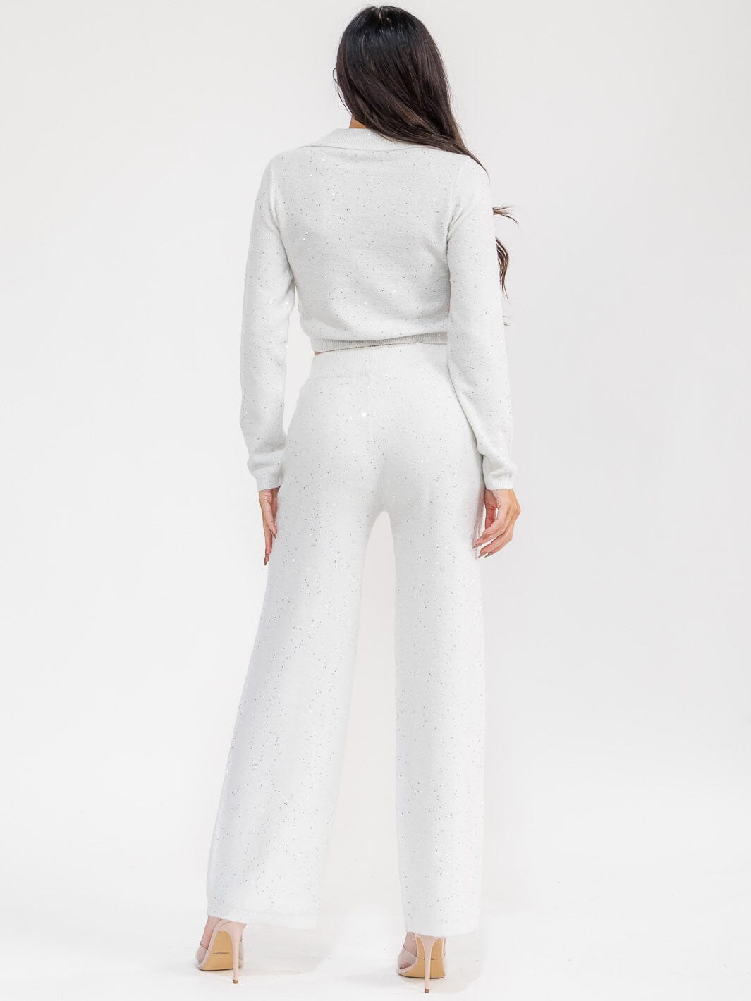 WOMEN'S LONG SLEEVE CROP SWEATER & ELASTIC WAIST PANTS FUZZY SEQUINS 2PC. SET