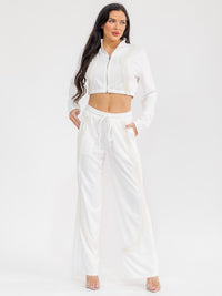 WOMEN'S LONG SLEEVE CROP SWEATER & ELASTIC WAIST PANTS PEARL TRIM 2PC. SET