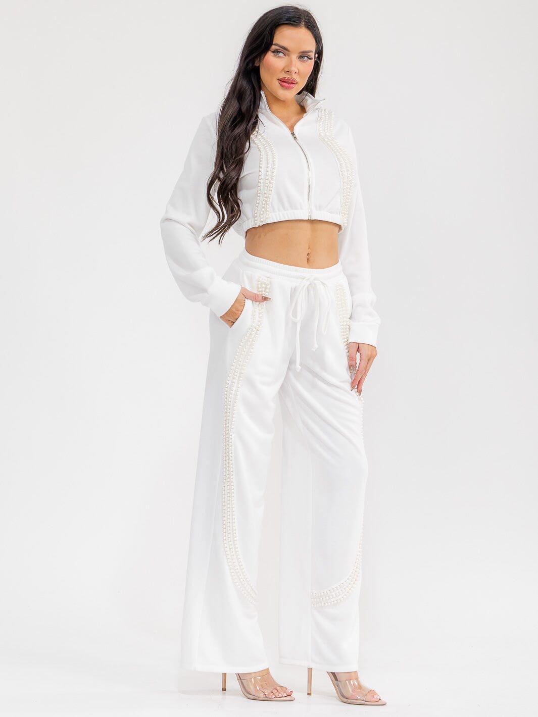 WOMEN'S LONG SLEEVE CROP SWEATER & ELASTIC WAIST PANTS PEARL TRIM 2PC. SET