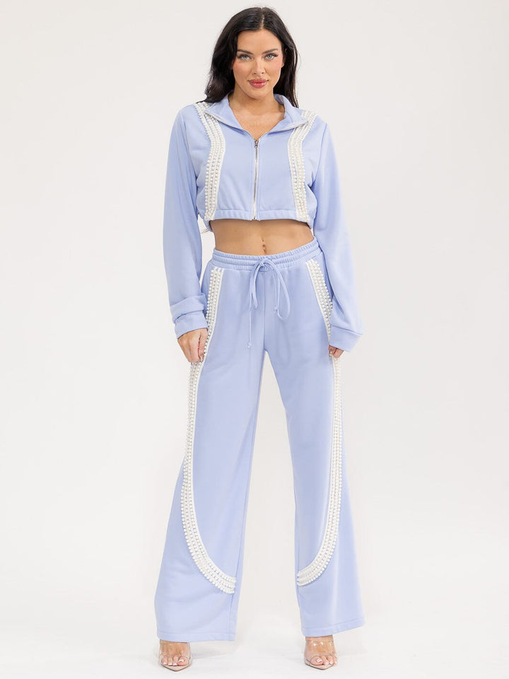 WOMEN'S LONG SLEEVE CROP SWEATER & ELASTIC WAIST PANTS PEARL TRIM 2PC. SET