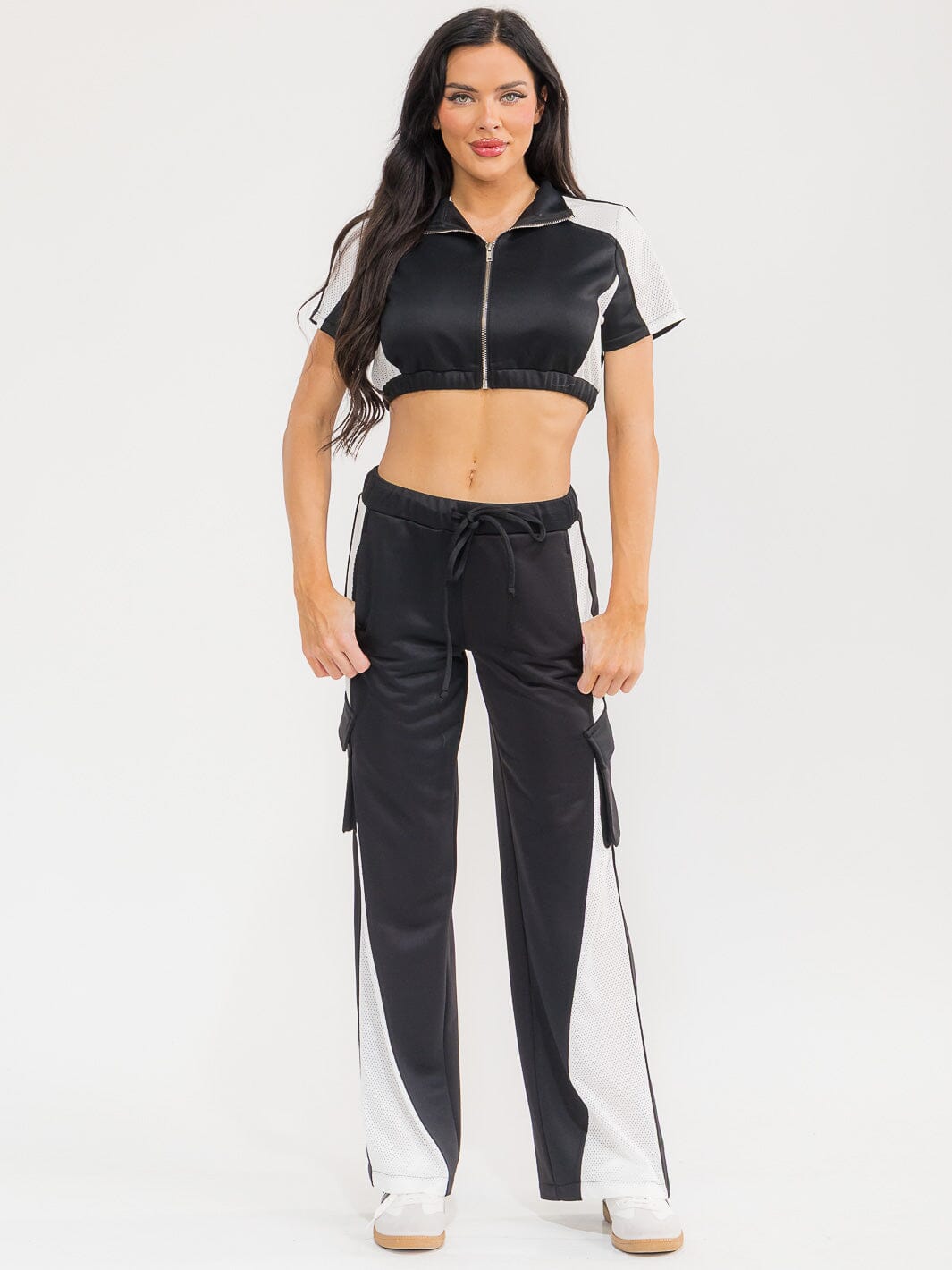 WOMEN'S SHORT SLEEVE CROP TOP & ELASTIC WAIST PANTS COLORBLOCK 2PC. SET