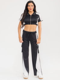 WOMEN'S SHORT SLEEVE CROP TOP & ELASTIC WAIST PANTS COLORBLOCK 2PC. SET