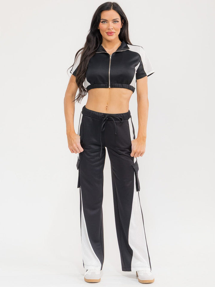 WOMEN'S SHORT SLEEVE CROP TOP & ELASTIC WAIST PANTS COLORBLOCK 2PC. SET