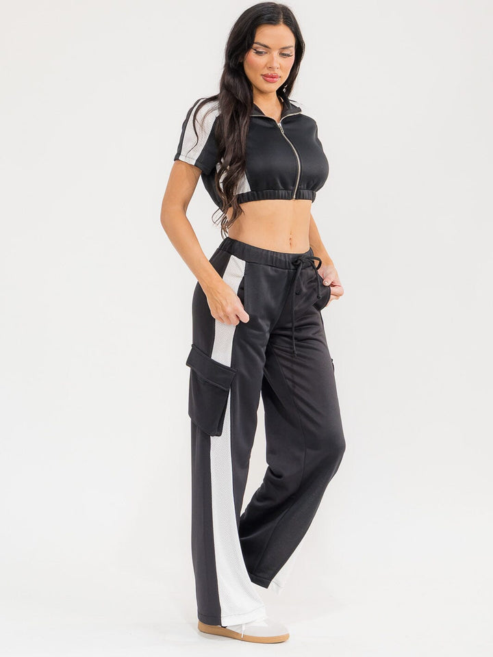 WOMEN'S SHORT SLEEVE CROP TOP & ELASTIC WAIST PANTS COLORBLOCK 2PC. SET