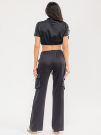 WOMEN'S SHORT SLEEVE CROP TOP & ELASTIC WAIST PANTS COLORBLOCK 2PC. SET