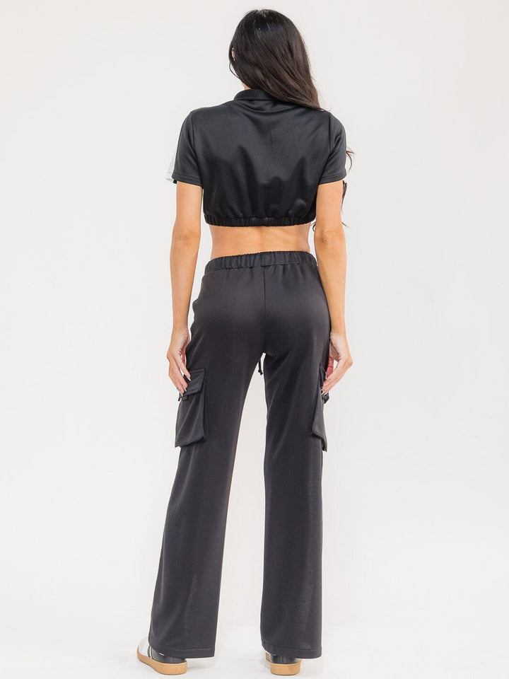 WOMEN'S SHORT SLEEVE CROP TOP & ELASTIC WAIST PANTS COLORBLOCK 2PC. SET