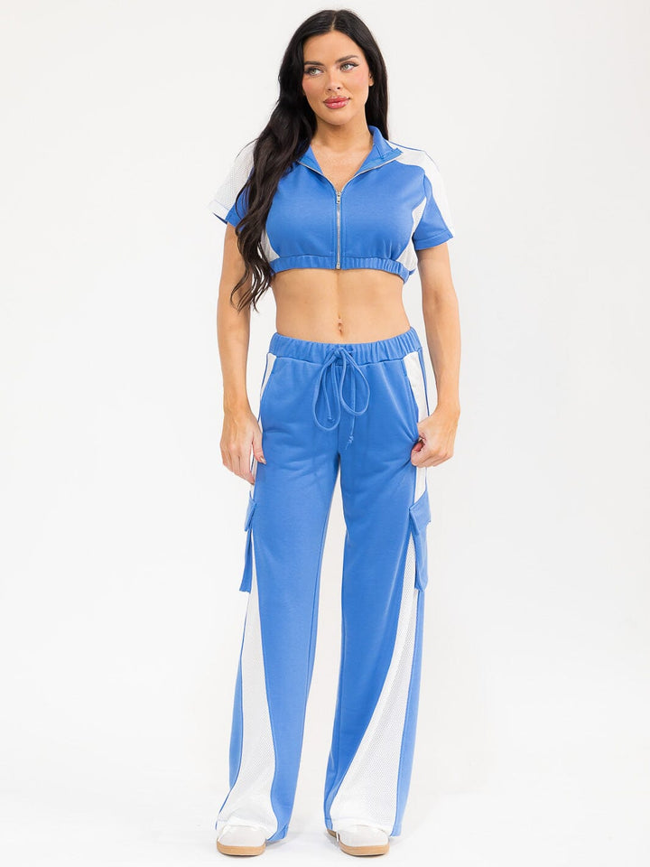 WOMEN'S SHORT SLEEVE CROP TOP & ELASTIC WAIST PANTS COLORBLOCK 2PC. SET